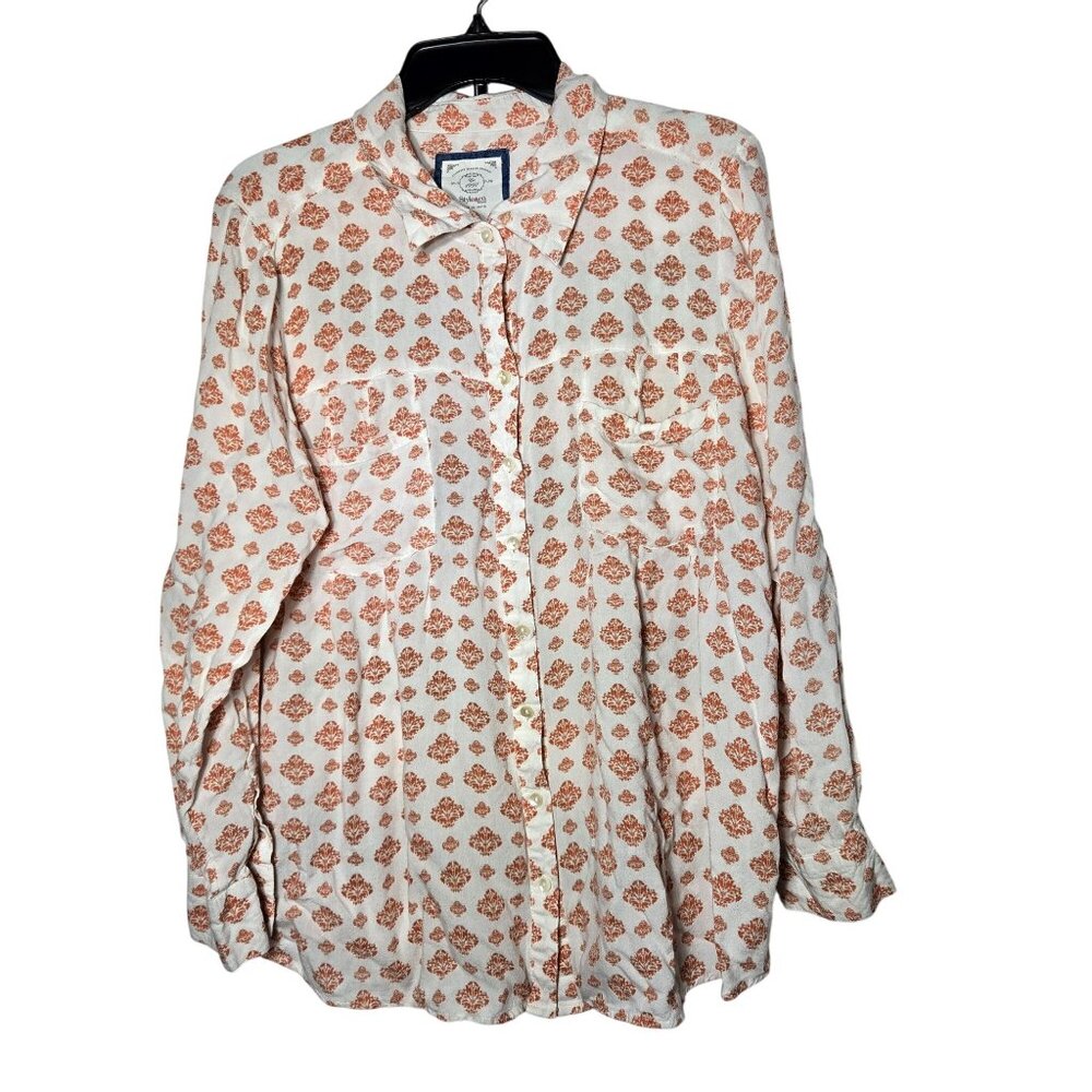 Style‎ & Co Womens Button Front Top Plus 1X Roll Tab Sleeve Boho Damask